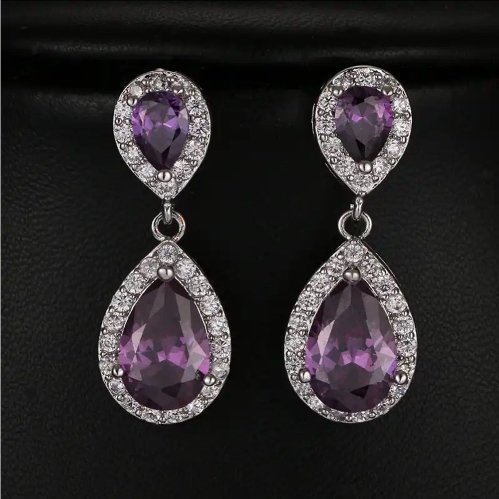 Amethyst Teardrop Halo Dangle Earrings - Purple Silver